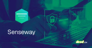 Illustration technologique de sécurité des données montrant une personne tapant sur un clavier avec le logo de l’entreprise, mettant en avant le Proxy LLM : la technologie de Senseway pour renforcer sa souveraineté. En bas à droite, le logo dcod.ch.