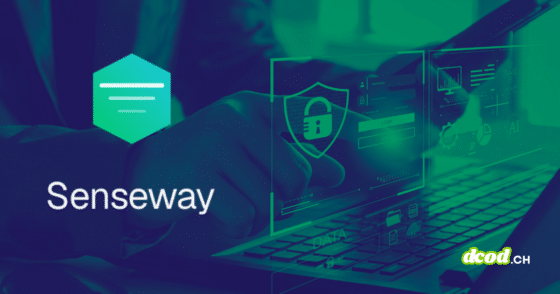 Illustration technologique de sécurité des données montrant une personne tapant sur un clavier avec le logo de l’entreprise, mettant en avant le Proxy LLM : la technologie de Senseway pour renforcer sa souveraineté. En bas à droite, le logo dcod.ch.