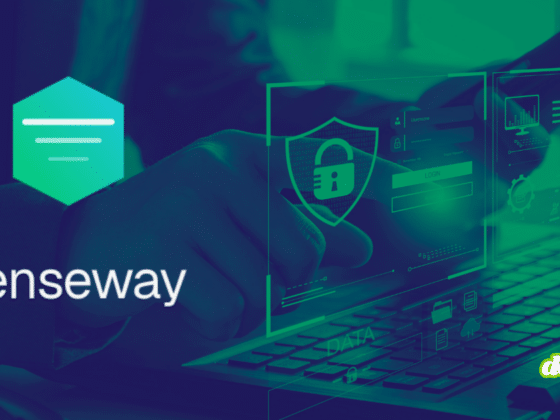 Illustration technologique de sécurité des données montrant une personne tapant sur un clavier avec le logo de l’entreprise, mettant en avant le Proxy LLM : la technologie de Senseway pour renforcer sa souveraineté. En bas à droite, le logo dcod.ch.