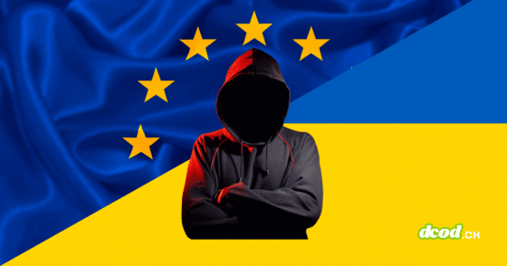 Silhouette anonyme en sweat à capuche noir devant les drapeaux de l'UE et de l'Ukraine, illustrant l'intégration de Kiev au bouclier d'urgence et à la réserve cyber européenne.