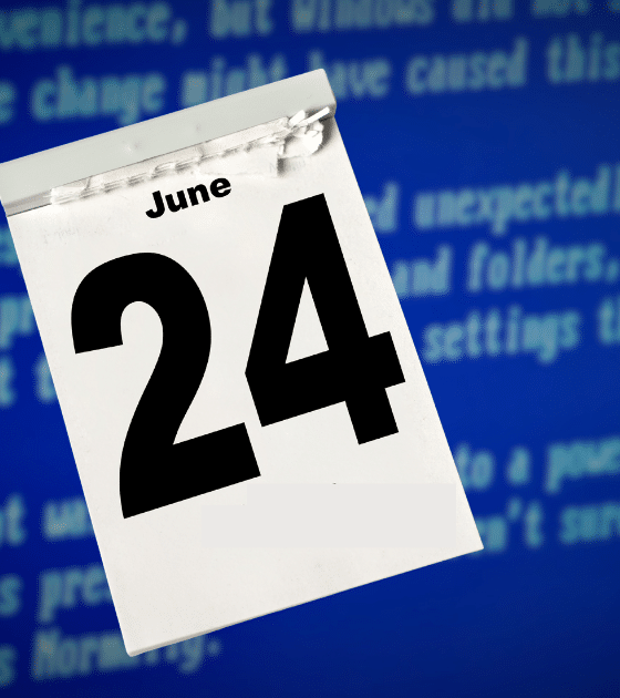 Illustration d'un calendrier affichant la date du 24 juin sur fond flou d'écran de démarrage bleu, symbolisant l'échéance où les clés expirées de Secure Boot menacent la sécurité des systèmes Windows et Linux.