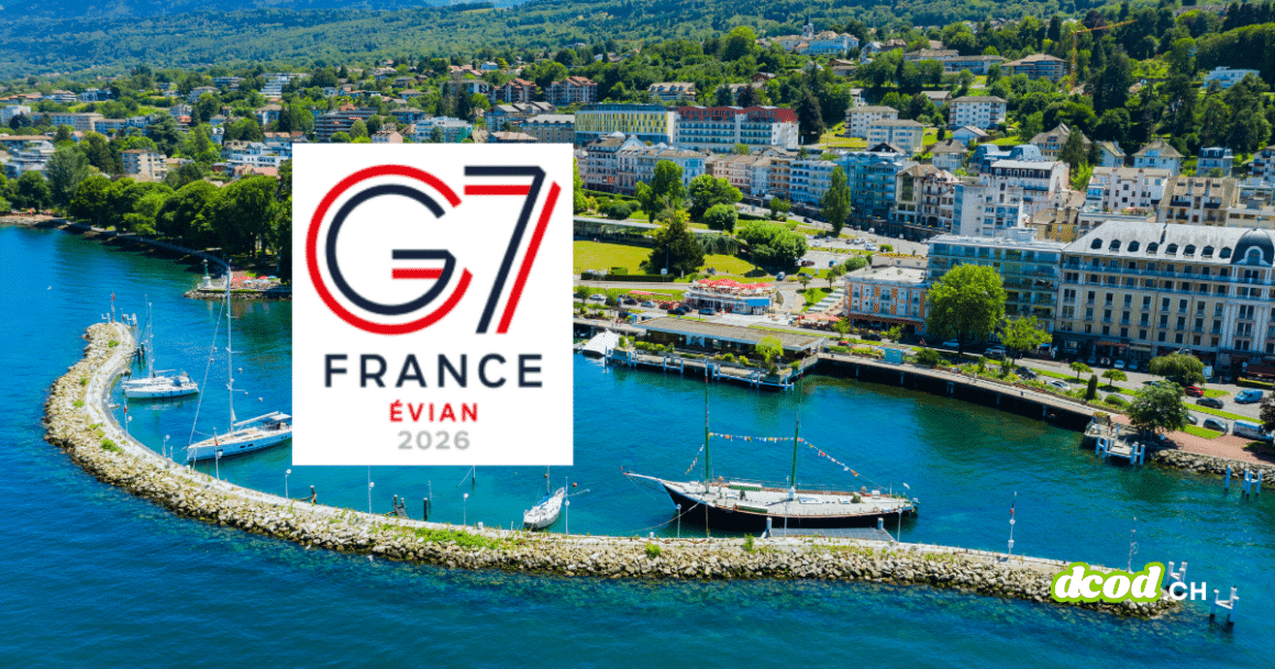 Vue aérienne du port d'Évian sur le lac Léman avec le logo officiel du Sommet du G7 France 2026, illustrant la situation où la Suisse anticipe des cyberattaques.