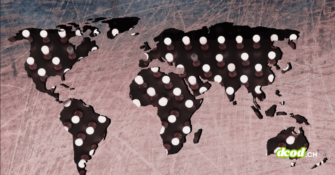 Illustration du média DCOD montrant une carte du monde stylisée découpée dans une surface métallique rouge et usée. Les continents laissent apparaître des dizaines d'ampoules électriques allumées, symbolisant les nœuds d'un réseau technologique mondial. Le logo dcod.ch figure dans le coin inférieur droit.