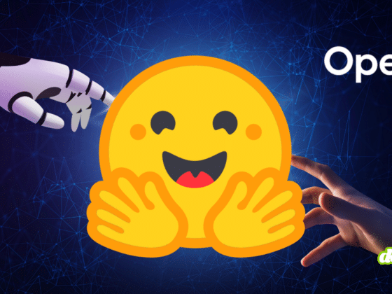 Main robotique représentant les agents IA autonomes de modèles OpenAI ciblant le logo Hugging Face sur un fond de réseau numérique.