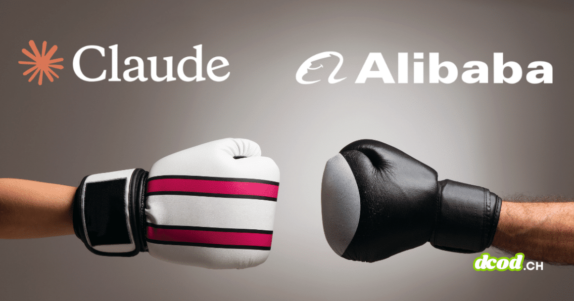 Une photographie de studio nette montrant deux mains portant des gants de boxe s'affrontant sur un fond gris neutre. La main gauche porte un gant de boxe blanc avec trois bandes fuchsia fuchsia, associée au logo étoile orange et au texte 'Claude' superposé. La main droite porte un gant de boxe noir uni, associée au logo vagues stylisées et au texte 'Alibaba' superposé. Les deux paires se font face dans un geste d'affrontement ou de combat symbolique. Le filigrane 'dcod.ch' est en bas à droite. Les logos et textes sont clairs.