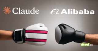 Une photographie de studio nette montrant deux mains portant des gants de boxe s'affrontant sur un fond gris neutre. La main gauche porte un gant de boxe blanc avec trois bandes fuchsia fuchsia, associée au logo étoile orange et au texte 'Claude' superposé. La main droite porte un gant de boxe noir uni, associée au logo vagues stylisées et au texte 'Alibaba' superposé. Les deux paires se font face dans un geste d'affrontement ou de combat symbolique. Le filigrane 'dcod.ch' est en bas à droite. Les logos et textes sont clairs.
