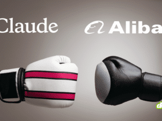 Une photographie de studio nette montrant deux mains portant des gants de boxe s'affrontant sur un fond gris neutre. La main gauche porte un gant de boxe blanc avec trois bandes fuchsia fuchsia, associée au logo étoile orange et au texte 'Claude' superposé. La main droite porte un gant de boxe noir uni, associée au logo vagues stylisées et au texte 'Alibaba' superposé. Les deux paires se font face dans un geste d'affrontement ou de combat symbolique. Le filigrane 'dcod.ch' est en bas à droite. Les logos et textes sont clairs.