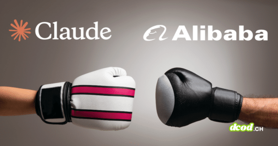 Une photographie de studio nette montrant deux mains portant des gants de boxe s'affrontant sur un fond gris neutre. La main gauche porte un gant de boxe blanc avec trois bandes fuchsia fuchsia, associée au logo étoile orange et au texte 'Claude' superposé. La main droite porte un gant de boxe noir uni, associée au logo vagues stylisées et au texte 'Alibaba' superposé. Les deux paires se font face dans un geste d'affrontement ou de combat symbolique. Le filigrane 'dcod.ch' est en bas à droite. Les logos et textes sont clairs.