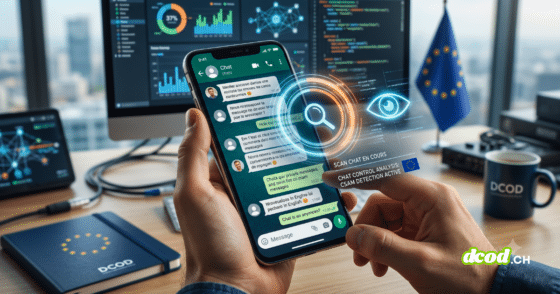 Une main tient un smartphone affichant une application de messagerie de type WhatsApp avec des bulles de conversation. Superposée à l'écran, une interface technologique futuriste en 3D projette un anneau lumineux orange et bleu. En son centre, un pictogramme de loupe et un œil bleu stylisé symbolisent une surveillance numérique en temps réel. Un panneau d'information virtuel affiche les textes « SCAN CHAT EN COURS » et « CHAT CONTROL ANALYSIS : CSAM DETECTION ACTIVE », accompagné du drapeau de l'Union Européenne. L'arrière-plan montre un bureau professionnel avec un grand moniteur affichant des tableaux de bord de données complexes, un drapeau européen sur un mât, et un carnet de notes marqué « DCOD », le tout symbolisant un environnement de cybersécurité et de surveillance gouvernementale.