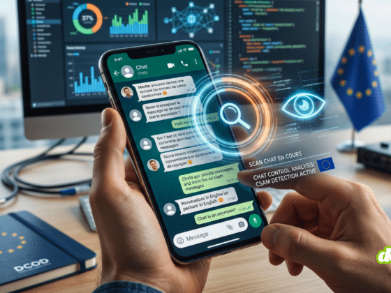 Une main tient un smartphone affichant une application de messagerie de type WhatsApp avec des bulles de conversation. Superposée à l'écran, une interface technologique futuriste en 3D projette un anneau lumineux orange et bleu. En son centre, un pictogramme de loupe et un œil bleu stylisé symbolisent une surveillance numérique en temps réel. Un panneau d'information virtuel affiche les textes « SCAN CHAT EN COURS » et « CHAT CONTROL ANALYSIS : CSAM DETECTION ACTIVE », accompagné du drapeau de l'Union Européenne. L'arrière-plan montre un bureau professionnel avec un grand moniteur affichant des tableaux de bord de données complexes, un drapeau européen sur un mât, et un carnet de notes marqué « DCOD », le tout symbolisant un environnement de cybersécurité et de surveillance gouvernementale.