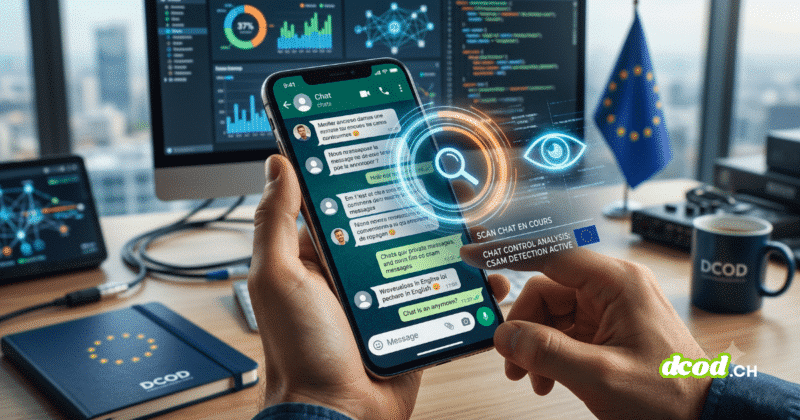 Une main tient un smartphone affichant une application de messagerie de type WhatsApp avec des bulles de conversation. Superposée à l'écran, une interface technologique futuriste en 3D projette un anneau lumineux orange et bleu. En son centre, un pictogramme de loupe et un œil bleu stylisé symbolisent une surveillance numérique en temps réel. Un panneau d'information virtuel affiche les textes « SCAN CHAT EN COURS » et « CHAT CONTROL ANALYSIS : CSAM DETECTION ACTIVE », accompagné du drapeau de l'Union Européenne. L'arrière-plan montre un bureau professionnel avec un grand moniteur affichant des tableaux de bord de données complexes, un drapeau européen sur un mât, et un carnet de notes marqué « DCOD », le tout symbolisant un environnement de cybersécurité et de surveillance gouvernementale.