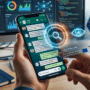 Une main tient un smartphone affichant une application de messagerie de type WhatsApp avec des bulles de conversation. Superposée à l'écran, une interface technologique futuriste en 3D projette un anneau lumineux orange et bleu. En son centre, un pictogramme de loupe et un œil bleu stylisé symbolisent une surveillance numérique en temps réel. Un panneau d'information virtuel affiche les textes « SCAN CHAT EN COURS » et « CHAT CONTROL ANALYSIS : CSAM DETECTION ACTIVE », accompagné du drapeau de l'Union Européenne. L'arrière-plan montre un bureau professionnel avec un grand moniteur affichant des tableaux de bord de données complexes, un drapeau européen sur un mât, et un carnet de notes marqué « DCOD », le tout symbolisant un environnement de cybersécurité et de surveillance gouvernementale.