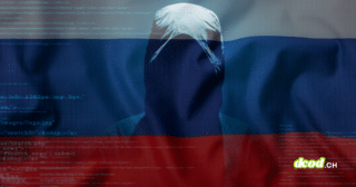 Illustration symbolisant le cyberespionnage russe et la réplique par des sanctions de l'Europe : une silhouette sombre de hacker encapuchonné se superpose en transparence sur le drapeau de la Russie, avec des lignes de code informatique affichées à l'écran et le logo dcod.ch en bas à droite.
