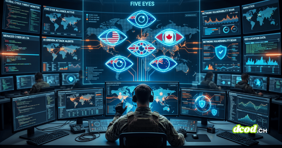 Illustration d'un centre de commandement cyber pour l'alliance Five Eyes. Un opérateur est vu de dos face à un mur d'écrans de sécurité. Au centre, une carte mondiale projetée avec cinq yeux numériques contenant les drapeaux des pays membres (USA, UK, CA, AU, NZ). Des visualisations de données de menaces IA et des codes cyber flottent dans l'air.