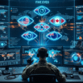 Illustration d'un centre de commandement cyber pour l'alliance Five Eyes. Un opérateur est vu de dos face à un mur d'écrans de sécurité. Au centre, une carte mondiale projetée avec cinq yeux numériques contenant les drapeaux des pays membres (USA, UK, CA, AU, NZ). Des visualisations de données de menaces IA et des codes cyber flottent dans l'air.