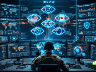 Illustration d'un centre de commandement cyber pour l'alliance Five Eyes. Un opérateur est vu de dos face à un mur d'écrans de sécurité. Au centre, une carte mondiale projetée avec cinq yeux numériques contenant les drapeaux des pays membres (USA, UK, CA, AU, NZ). Des visualisations de données de menaces IA et des codes cyber flottent dans l'air.