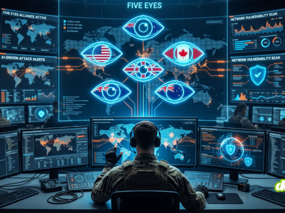 Illustration d'un centre de commandement cyber pour l'alliance Five Eyes. Un opérateur est vu de dos face à un mur d'écrans de sécurité. Au centre, une carte mondiale projetée avec cinq yeux numériques contenant les drapeaux des pays membres (USA, UK, CA, AU, NZ). Des visualisations de données de menaces IA et des codes cyber flottent dans l'air.