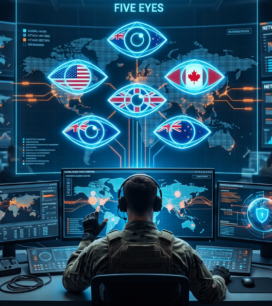 Illustration d'un centre de commandement cyber pour l'alliance Five Eyes. Un opérateur est vu de dos face à un mur d'écrans de sécurité. Au centre, une carte mondiale projetée avec cinq yeux numériques contenant les drapeaux des pays membres (USA, UK, CA, AU, NZ). Des visualisations de données de menaces IA et des codes cyber flottent dans l'air.