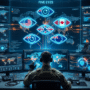 Illustration d'un centre de commandement cyber pour l'alliance Five Eyes. Un opérateur est vu de dos face à un mur d'écrans de sécurité. Au centre, une carte mondiale projetée avec cinq yeux numériques contenant les drapeaux des pays membres (USA, UK, CA, AU, NZ). Des visualisations de données de menaces IA et des codes cyber flottent dans l'air.