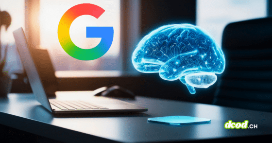llustration sur la gestion des vulnérabilités avec l'IA montrant le logo de Google et un cerveau numérique holographique bleu flottant au-dessus d'un ordinateur portable sur un bureau.