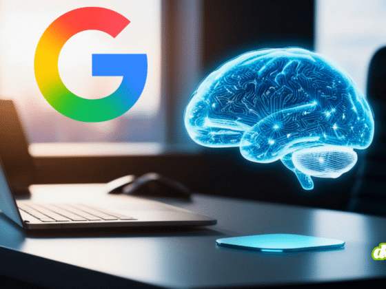 llustration sur la gestion des vulnérabilités avec l'IA montrant le logo de Google et un cerveau numérique holographique bleu flottant au-dessus d'un ordinateur portable sur un bureau.