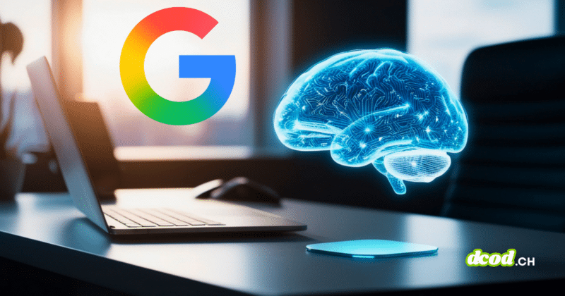 llustration sur la gestion des vulnérabilités avec l'IA montrant le logo de Google et un cerveau numérique holographique bleu flottant au-dessus d'un ordinateur portable sur un bureau.
