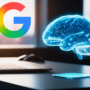 llustration sur la gestion des vulnérabilités avec l'IA montrant le logo de Google et un cerveau numérique holographique bleu flottant au-dessus d'un ordinateur portable sur un bureau.