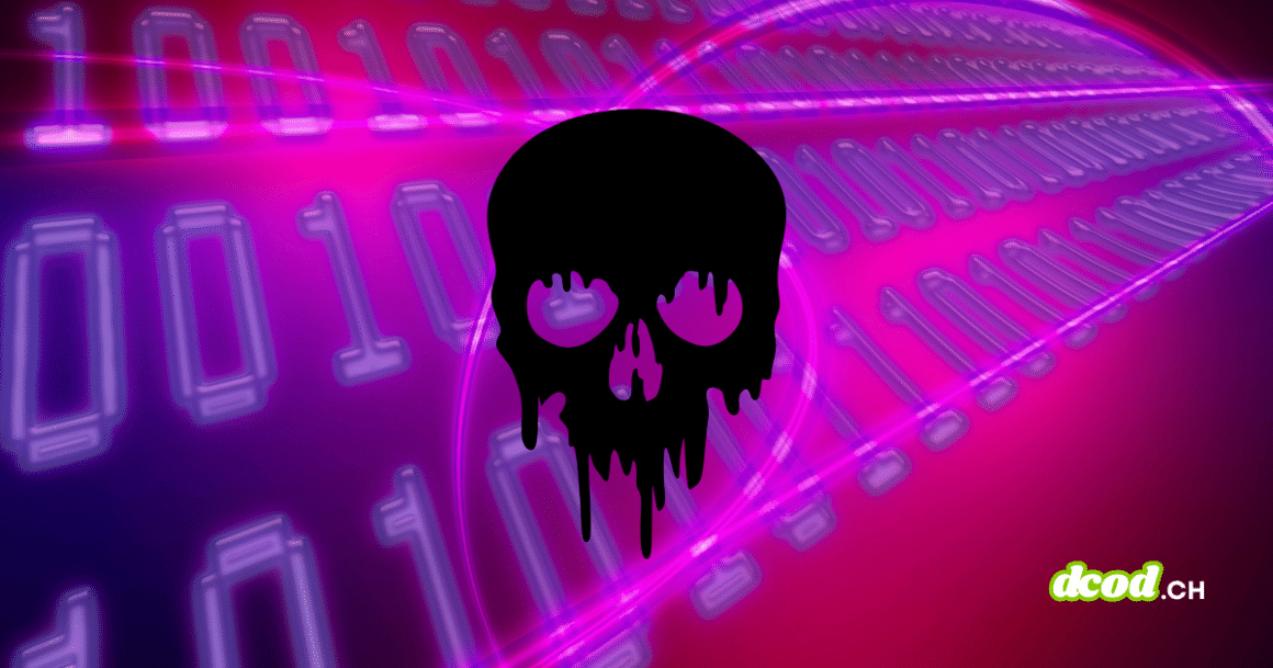 Illustration de l'attaque Ghostcommit montrant un crâne noir sur fond de code binaire néon violet, symbolisant des images malveillantes qui piègent l'IA.