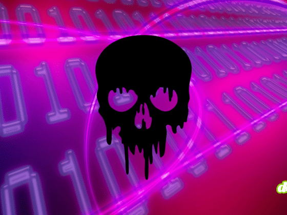 Illustration de l'attaque Ghostcommit montrant un crâne noir sur fond de code binaire néon violet, symbolisant des images malveillantes qui piègent l'IA.