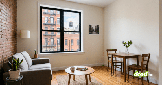 Photographie de l'intérieur d'un appartement typique à New York, avec un canapé gris et un coin repas. La grande fenêtre montre des façades d'immeubles avec escaliers de secours et un château d'eau. Cette image illustre un type de logement numérique faisant l'objet d'annonces immobilières susceptibles d'être retouchées par l'IA immobilier.
