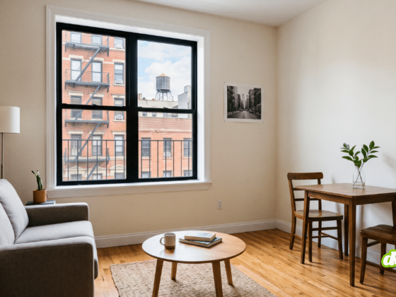 Photographie de l'intérieur d'un appartement typique à New York, avec un canapé gris et un coin repas. La grande fenêtre montre des façades d'immeubles avec escaliers de secours et un château d'eau. Cette image illustre un type de logement numérique faisant l'objet d'annonces immobilières susceptibles d'être retouchées par l'IA immobilier.