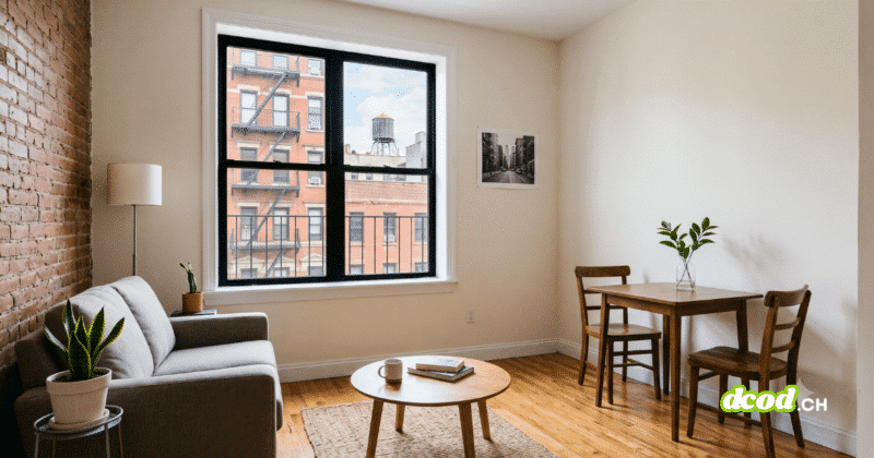 Photographie de l'intérieur d'un appartement typique à New York, avec un canapé gris et un coin repas. La grande fenêtre montre des façades d'immeubles avec escaliers de secours et un château d'eau. Cette image illustre un type de logement numérique faisant l'objet d'annonces immobilières susceptibles d'être retouchées par l'IA immobilier.