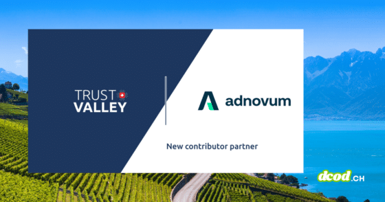 Visuel d'annonce où la Trust Valley intègre Adnovum comme nouveau partenaire contributeur pour stimuler l'innovation. Les logos de Trust Valley et d'Adnovum s'affichent sur un arrière-plan des vignobles de Lavaux et du lac Léman avec le logo dcod.ch.