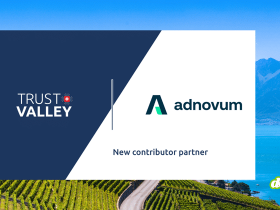 Visuel d'annonce où la Trust Valley intègre Adnovum comme nouveau partenaire contributeur pour stimuler l'innovation. Les logos de Trust Valley et d'Adnovum s'affichent sur un arrière-plan des vignobles de Lavaux et du lac Léman avec le logo dcod.ch.
