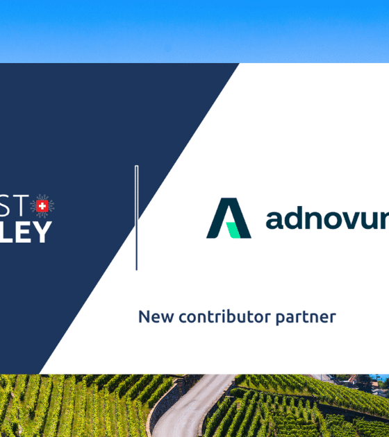 Visuel d'annonce où la Trust Valley intègre Adnovum comme nouveau partenaire contributeur pour stimuler l'innovation. Les logos de Trust Valley et d'Adnovum s'affichent sur un arrière-plan des vignobles de Lavaux et du lac Léman avec le logo dcod.ch.