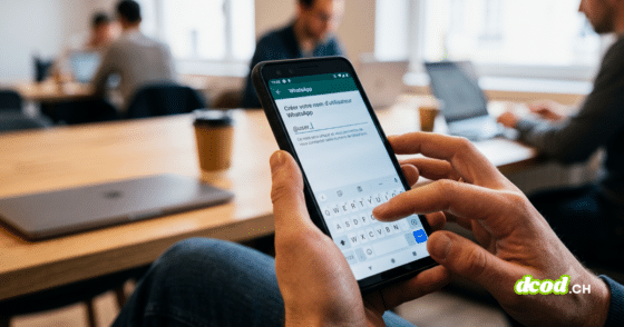 Photographie à la première personne montrant un homme en gros plan saisissant un nom d'utilisateur sur l'application WhatsApp de son smartphone Android, avec l'écran affichant "Créer votre nom d'utilisateur WhatsApp" et "@user_". Le logo DCOD.CH est visible dans le coin inférieur droit.