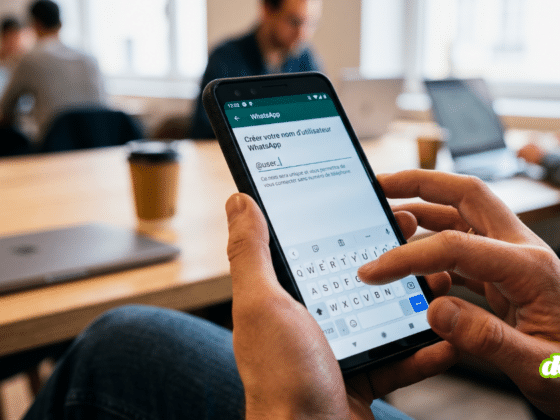 Photographie à la première personne montrant un homme en gros plan saisissant un nom d'utilisateur sur l'application WhatsApp de son smartphone Android, avec l'écran affichant "Créer votre nom d'utilisateur WhatsApp" et "@user_". Le logo DCOD.CH est visible dans le coin inférieur droit.