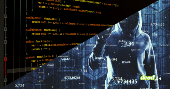 Illustration de dcod.ch pour l'article "Le premier ransomware autonome piloté par une IA passe à l'action". Le visuel présente un écran divisé en diagonale avec des lignes de code informatique à gauche et un pirate informatique encapuchonné au milieu de données numériques à droite, symbolisant l'attaque de l'agent JadePuffer