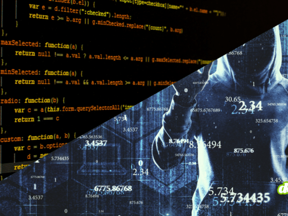 Illustration de dcod.ch pour l'article "Le premier ransomware autonome piloté par une IA passe à l'action". Le visuel présente un écran divisé en diagonale avec des lignes de code informatique à gauche et un pirate informatique encapuchonné au milieu de données numériques à droite, symbolisant l'attaque de l'agent JadePuffer