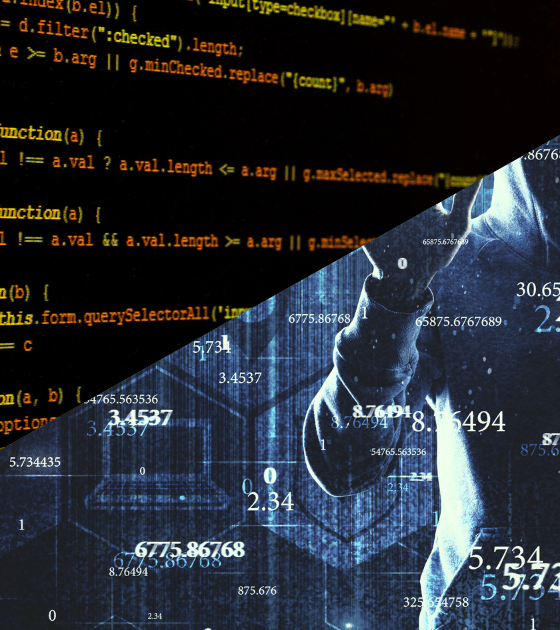 Illustration de dcod.ch pour l'article "Le premier ransomware autonome piloté par une IA passe à l'action". Le visuel présente un écran divisé en diagonale avec des lignes de code informatique à gauche et un pirate informatique encapuchonné au milieu de données numériques à droite, symbolisant l'attaque de l'agent JadePuffer