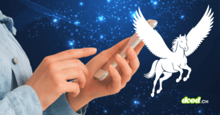 Un cheval ailé blanc représentant le spyware Pegasus qui pirate le téléphone portable d'un enquêteur européen, sur fond de connexions informatiques bleues.