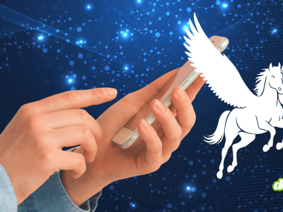 Un cheval ailé blanc représentant le spyware Pegasus qui pirate le téléphone portable d'un enquêteur européen, sur fond de connexions informatiques bleues.