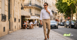 Un homme dans la trentaine, vêtu d'une chemise en lin blanche et d'un pantalon beige, marche sur un trottoir parisien devant des bâtiments haussmanniens et une terrasse de café ensoleillée. Il porte des lunettes de soleil connectées noires, identifiables comme des Ray-Ban Meta. La lumière du soleil couchant éclaire la scène, et l'arrière-plan est légèrement flou, montrant des arbres et des voitures.