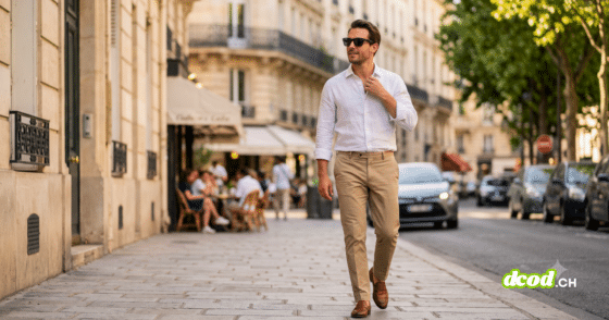 Un homme dans la trentaine, vêtu d'une chemise en lin blanche et d'un pantalon beige, marche sur un trottoir parisien devant des bâtiments haussmanniens et une terrasse de café ensoleillée. Il porte des lunettes de soleil connectées noires, identifiables comme des Ray-Ban Meta. La lumière du soleil couchant éclaire la scène, et l'arrière-plan est légèrement flou, montrant des arbres et des voitures.