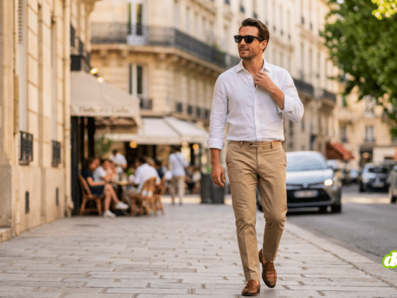 Un homme dans la trentaine, vêtu d'une chemise en lin blanche et d'un pantalon beige, marche sur un trottoir parisien devant des bâtiments haussmanniens et une terrasse de café ensoleillée. Il porte des lunettes de soleil connectées noires, identifiables comme des Ray-Ban Meta. La lumière du soleil couchant éclaire la scène, et l'arrière-plan est légèrement flou, montrant des arbres et des voitures.
