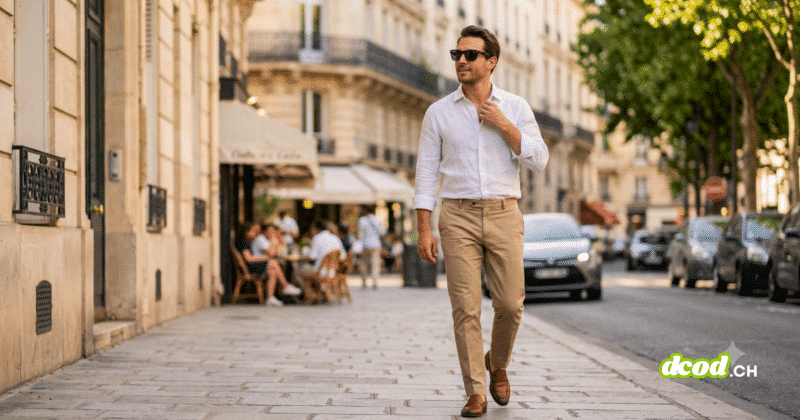 Un homme dans la trentaine, vêtu d'une chemise en lin blanche et d'un pantalon beige, marche sur un trottoir parisien devant des bâtiments haussmanniens et une terrasse de café ensoleillée. Il porte des lunettes de soleil connectées noires, identifiables comme des Ray-Ban Meta. La lumière du soleil couchant éclaire la scène, et l'arrière-plan est légèrement flou, montrant des arbres et des voitures.