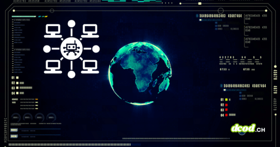 Interface de cybersécurité futuriste affichant un globe terrestre numérique et un schéma de réseau de machines connectées à un robot central, illustrant la migration de serveur C&C d'un botnet pilotée par une IA.