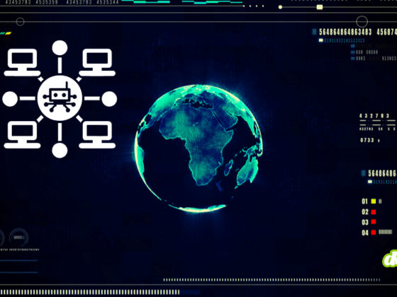 Interface de cybersécurité futuriste affichant un globe terrestre numérique et un schéma de réseau de machines connectées à un robot central, illustrant la migration de serveur C&C d'un botnet pilotée par une IA.