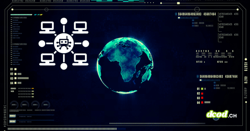 Interface de cybersécurité futuriste affichant un globe terrestre numérique et un schéma de réseau de machines connectées à un robot central, illustrant la migration de serveur C&C d'un botnet pilotée par une IA.