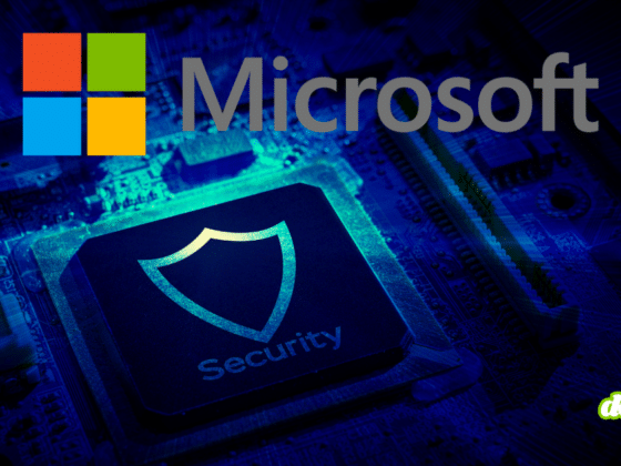 Gros plan d'un circuit imprimé bleu avec le logo Microsoft en haut et un processeur central marqué d'un bouclier lumineux et du mot "Security", avec le logo dcod.ch dans le coin inférieur droit.